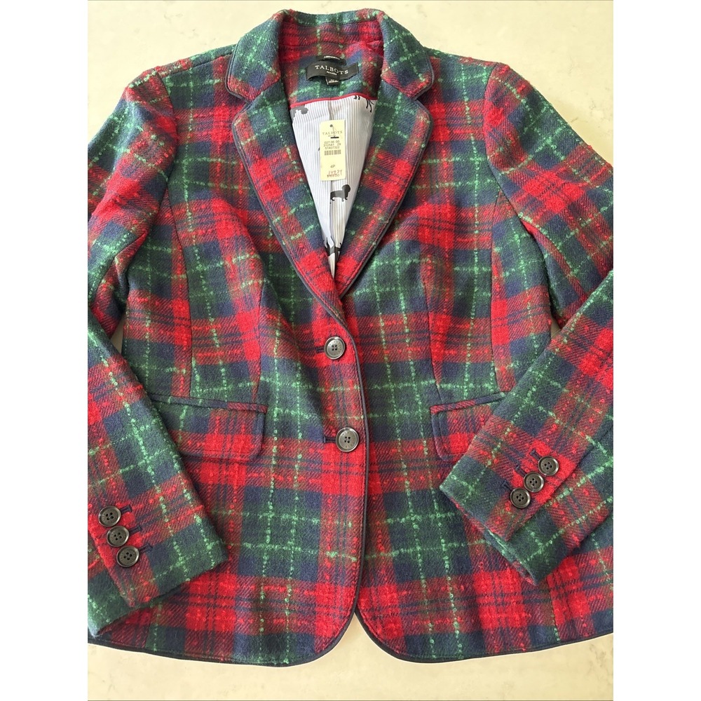 Talbots Aberdeen Blazer Red Green Plaid Wool Blend Dog Lining Womens 4P Tweed